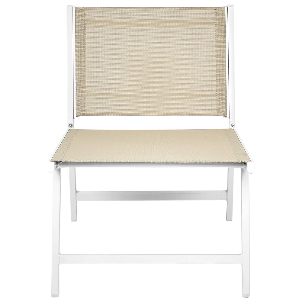 Sedia da giardino Sedile in textilene beige e bianco Schienale in metallo con poggiapiedi Design moderno per esterni