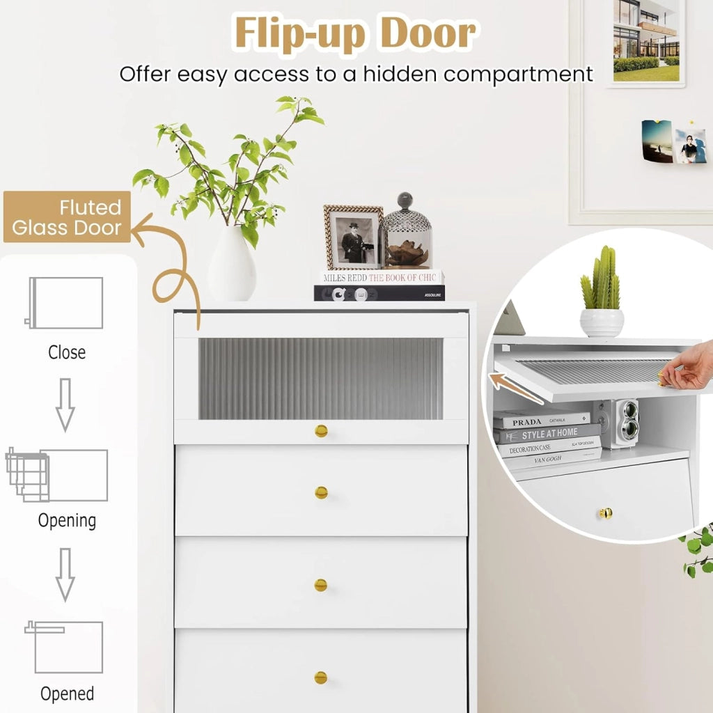 Cassettiera Bianca in Legno, Comò Camera da Letto Moderno con Porta in Vetro e Gambe in Metallo, Mobiletto Cucina con Cassetti Scorrevoli, per Studio, Ingresso, Bianco (Con 4 Cassetti)