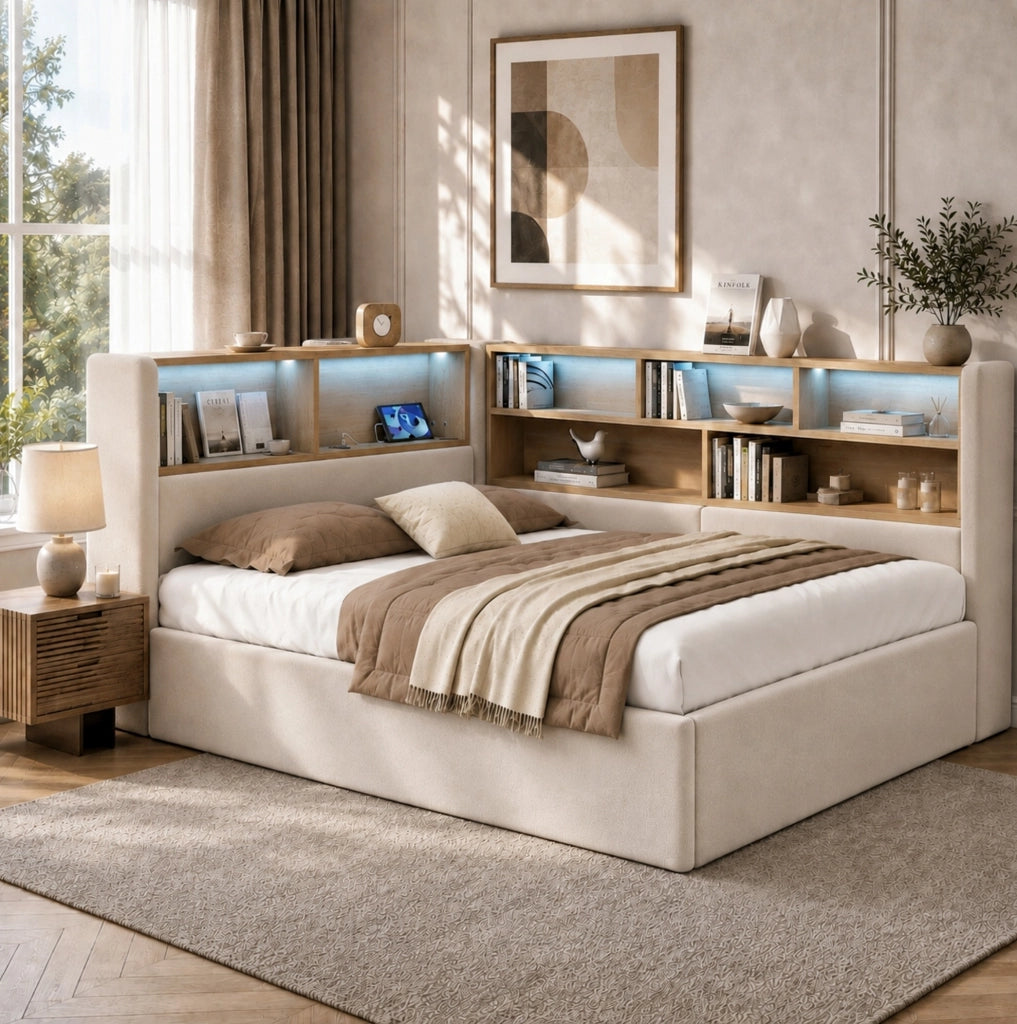 Letto imbottito 140x190 cm beige in velluto; vano idraulico e LED
