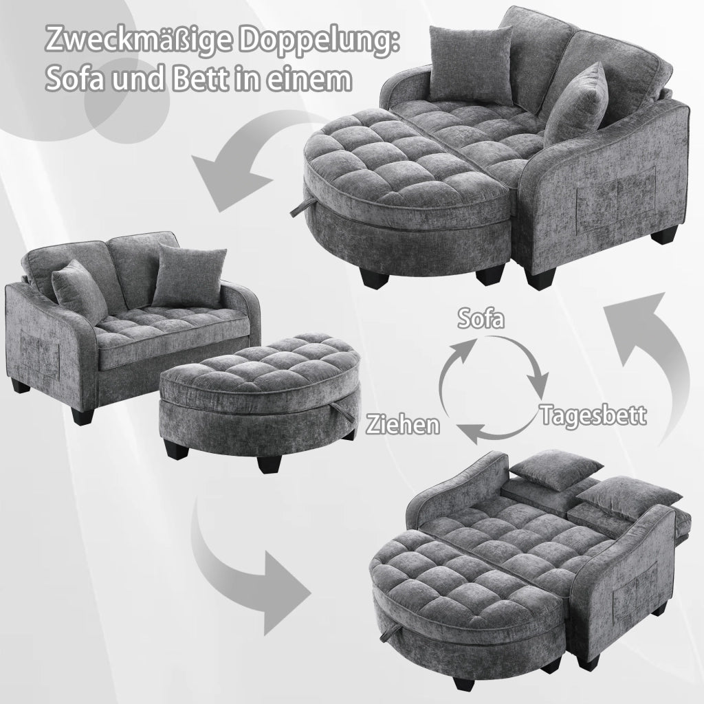 Divano letto 2 in 1 con pouf contenitore; Divano convertibile; in tessuto traspirante; legno di eucalipto; grigio scuro