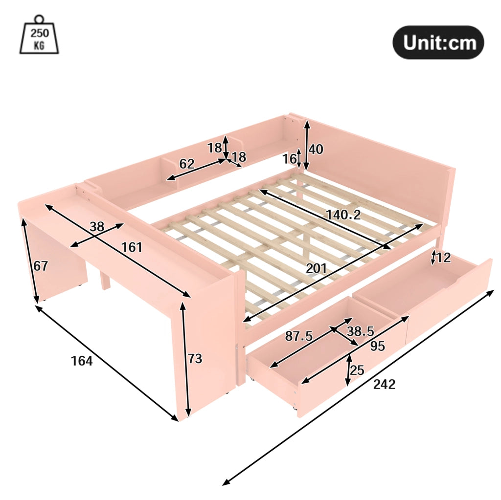 Letto matrimoniale 140x200 cm con scrivania, scaffali e 2 cassetti rosa