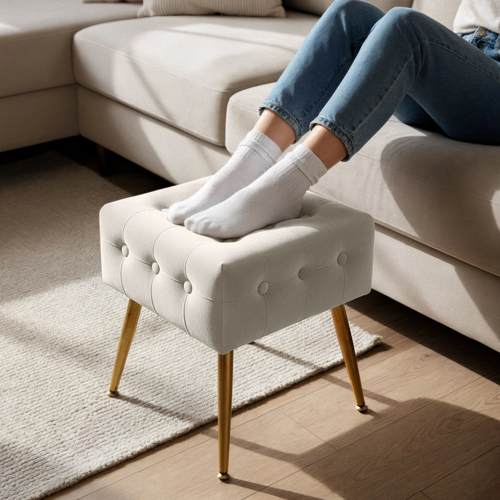 Pouf sgabello in velluto trapuntato 40 cm QUADRA Beige