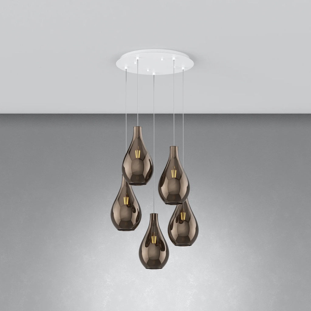 Lampadario Contemporaneo Drop 2.0 Metallo Bianco Vetro Bronzo 5 Luci E27