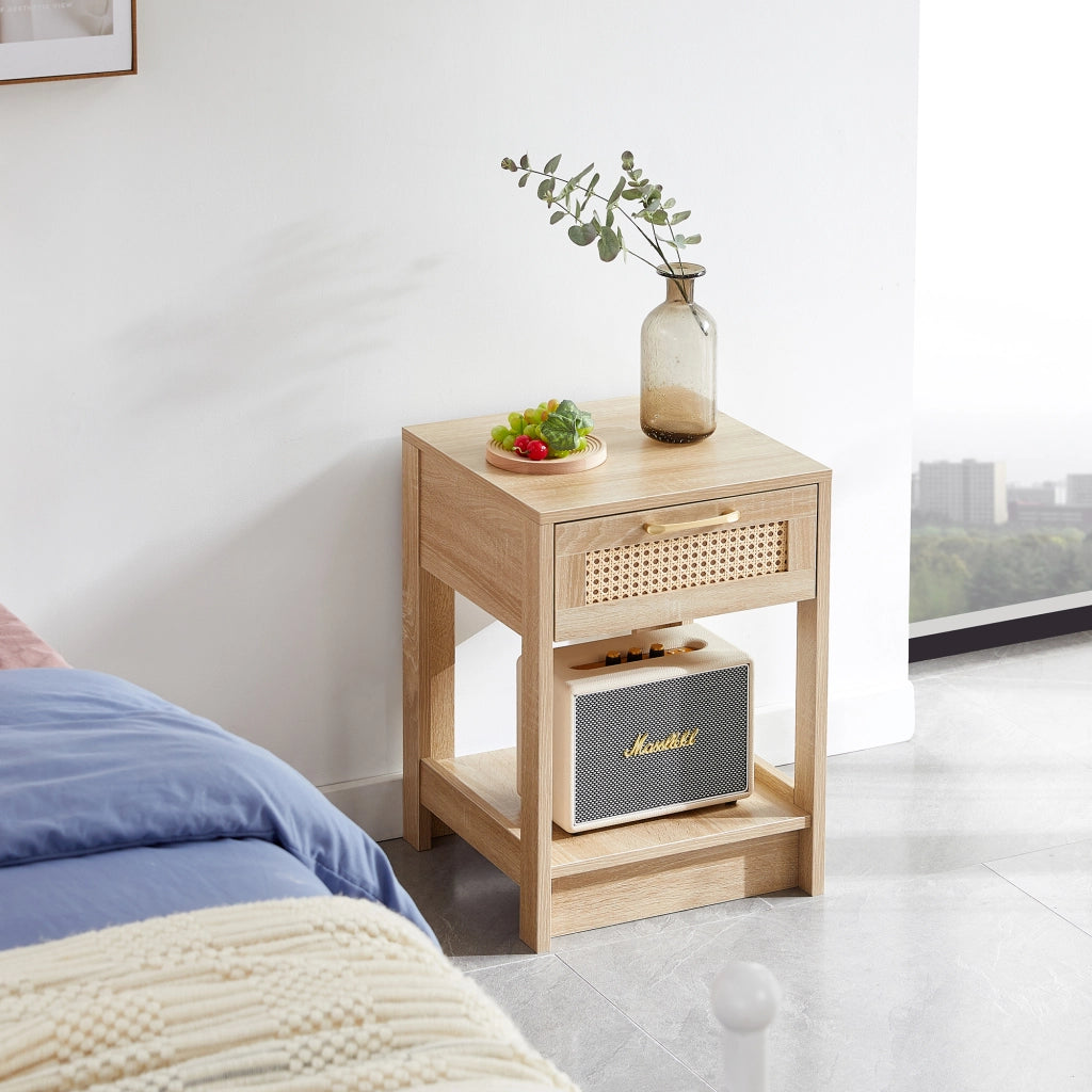 Comodino in MDF con 1 cassetto effetto rattan per camera da letto e soggiorno naturale 40 × 40 × 55 cm