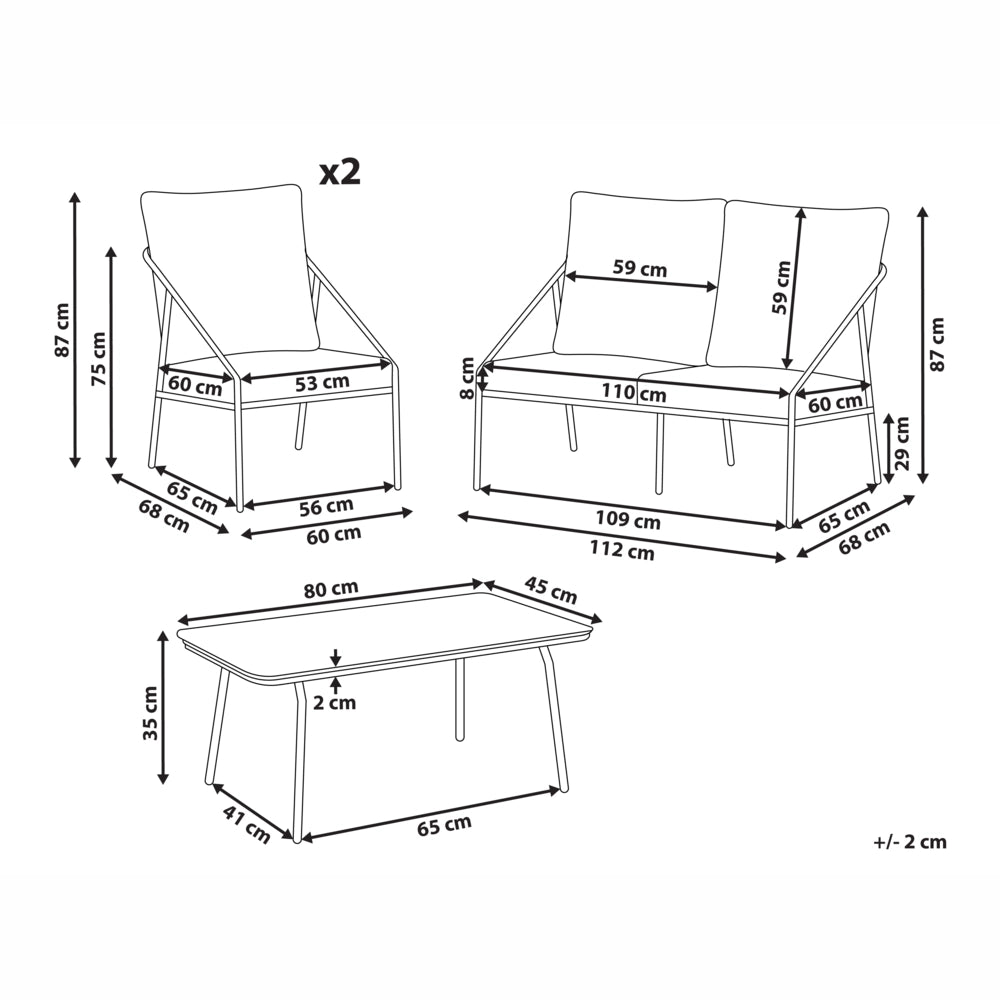 Set da giardino in metallo bianco con cuscini in cotone per 4 persone con rivestimenti sfoderabili Poltrone Divano Tavolino Moderno