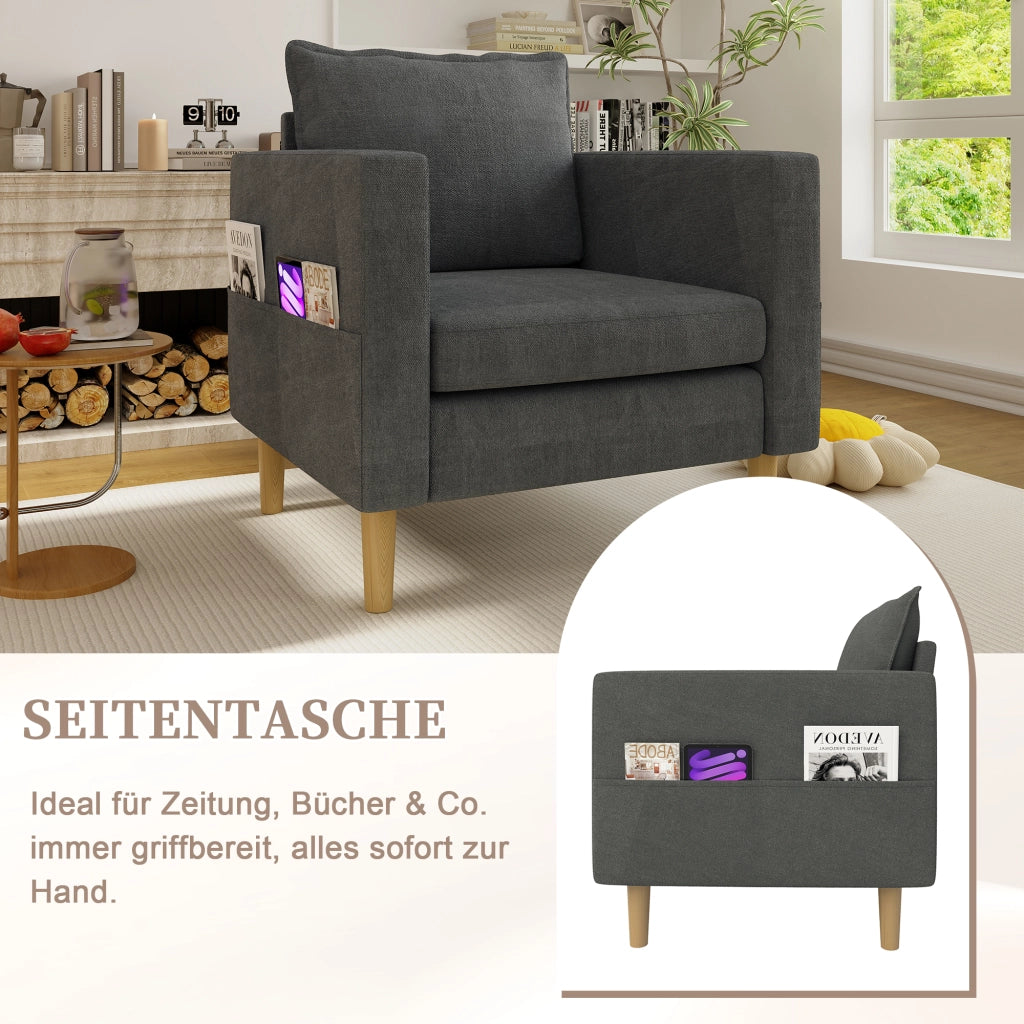 poltrona con tasca laterale e cuscino schienale design nordico in ciniglia grigio 71 Ã— 68 Ã— 82 cm