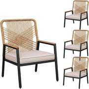 Sedie da giardino in rattan, Set da 4, Sedie da patio resistenti alle intemperie, Sedie da balcone in metallo, Portata massima 160 kg, Braccioli in WPC, Per patio, giardino e veranda, Beige