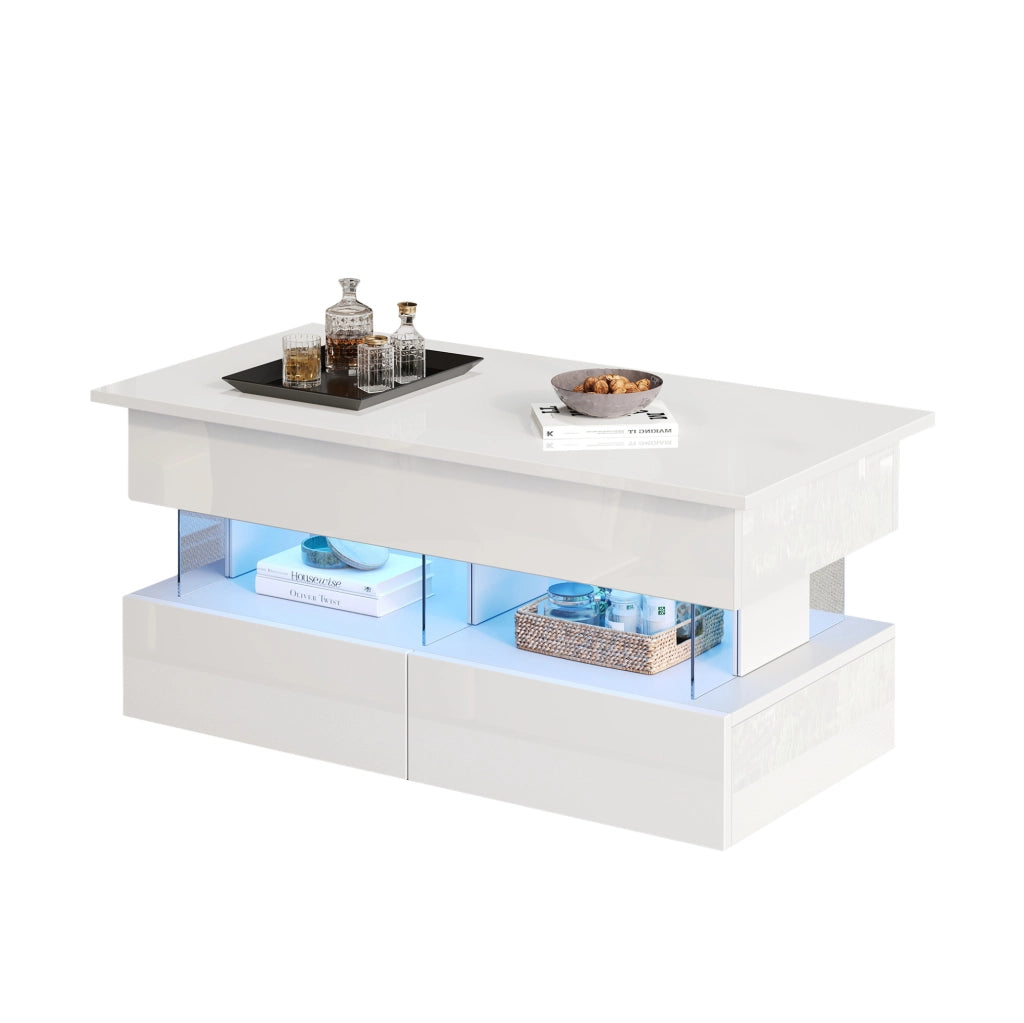 Tavolino da caffè 100 x 50 x 46 cm con piano sollevabile; 2 cassetti; LED; MDF bianco
