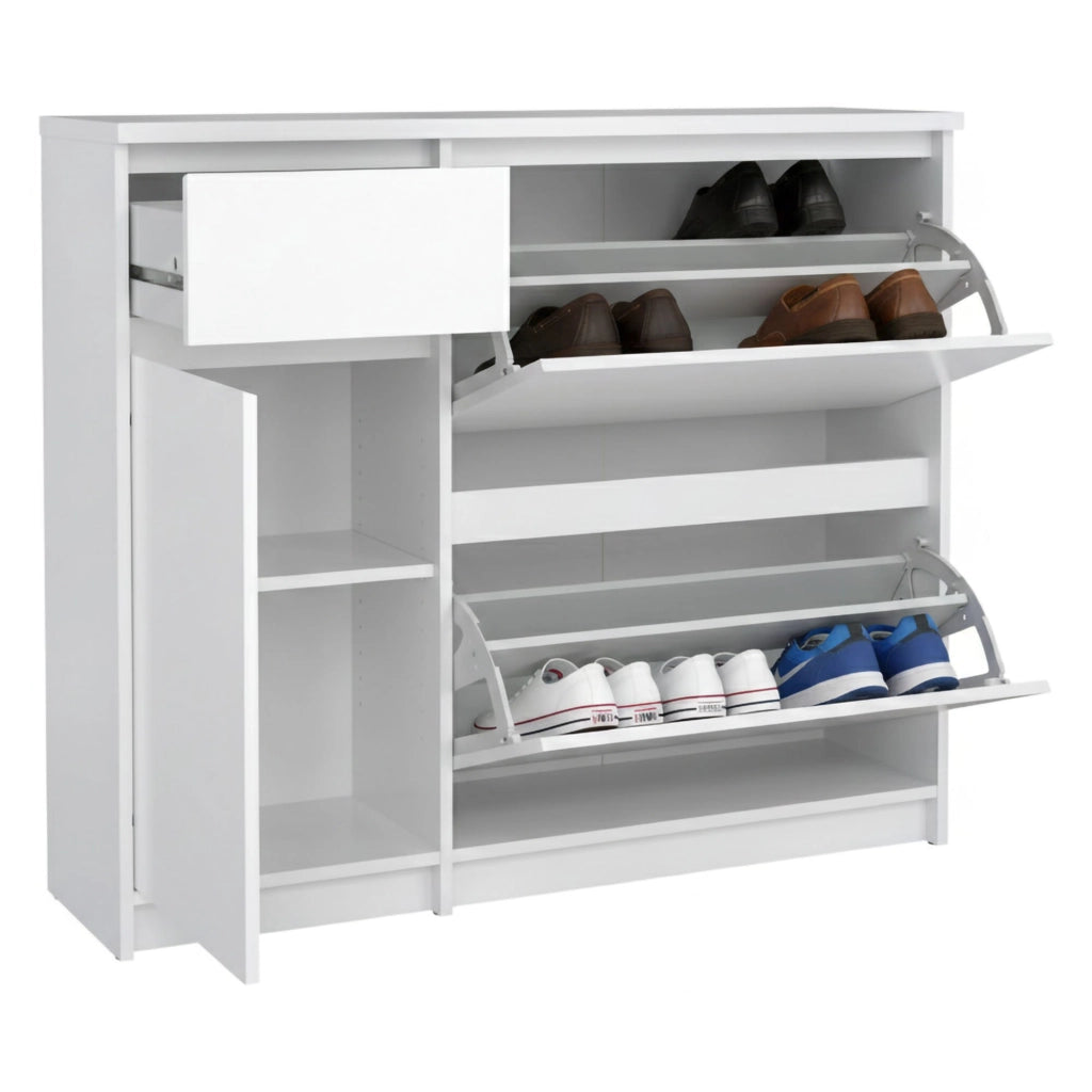Scarpiera Todd, Mobile portascarpe, Armadio da ingresso multiuso, Mobiletto per calzature, 109x32 h93 cm, Bianco lucido