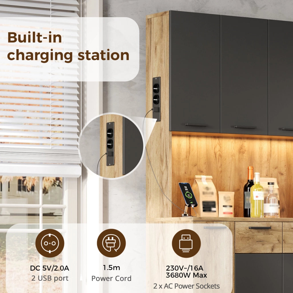 Dispensa alta con LED e presa, 4 vani aperti e ripiani regolabili per cucina, in MDF nero naturale, 100 × 40 × 180 cm
