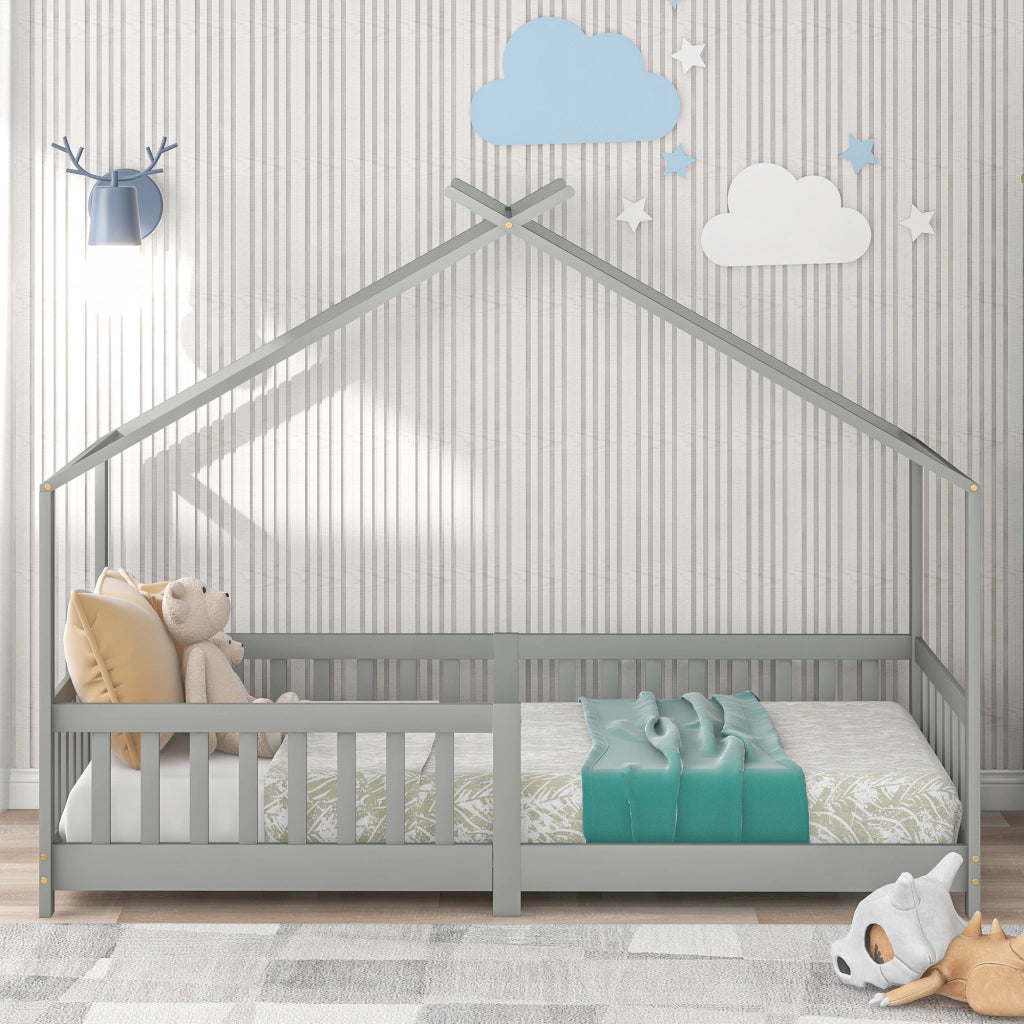 Letto Casetta per Bambini in Legno Massello con Doghe e Sponde ¨C MINIMAL ¨C Grigio 90x200