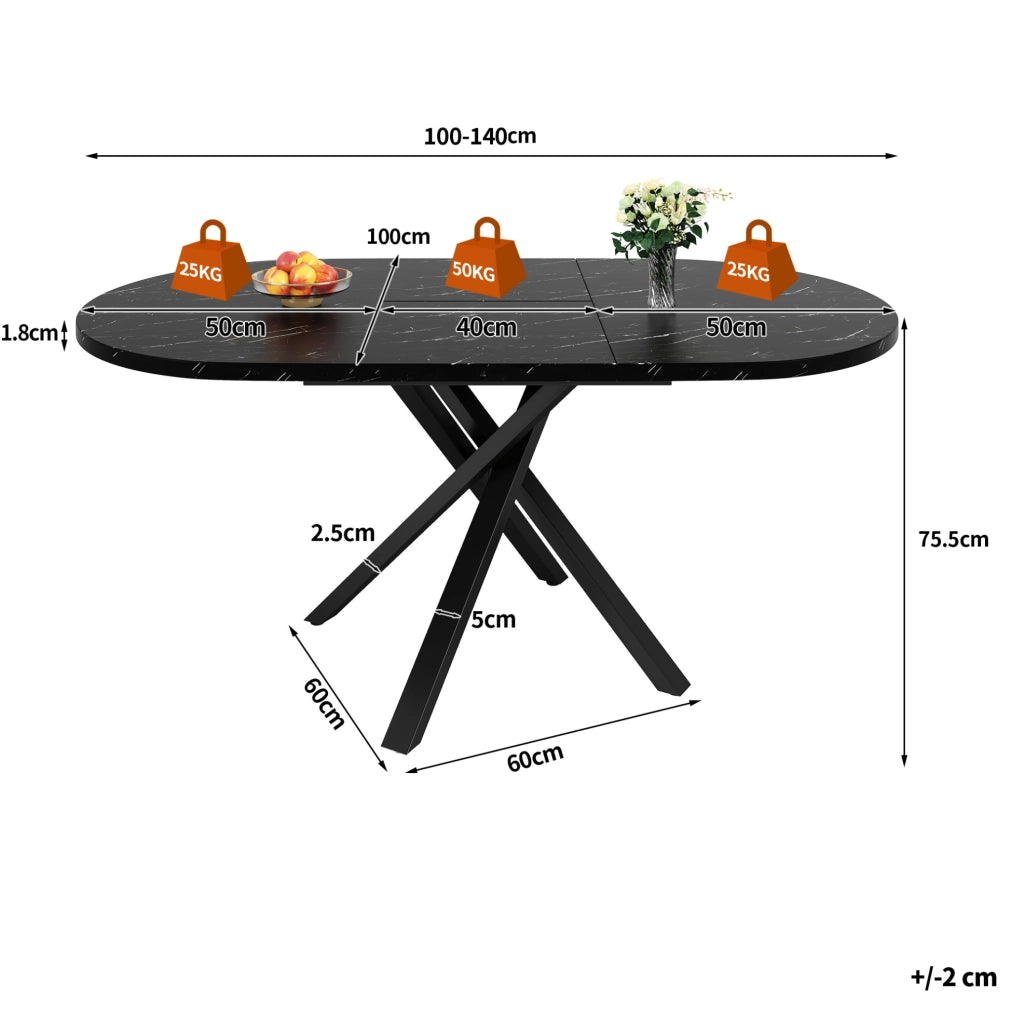 Tavolo rotondo allungabile; diametro 100 cm estendibile a 140 cm; MDF e metallo nero