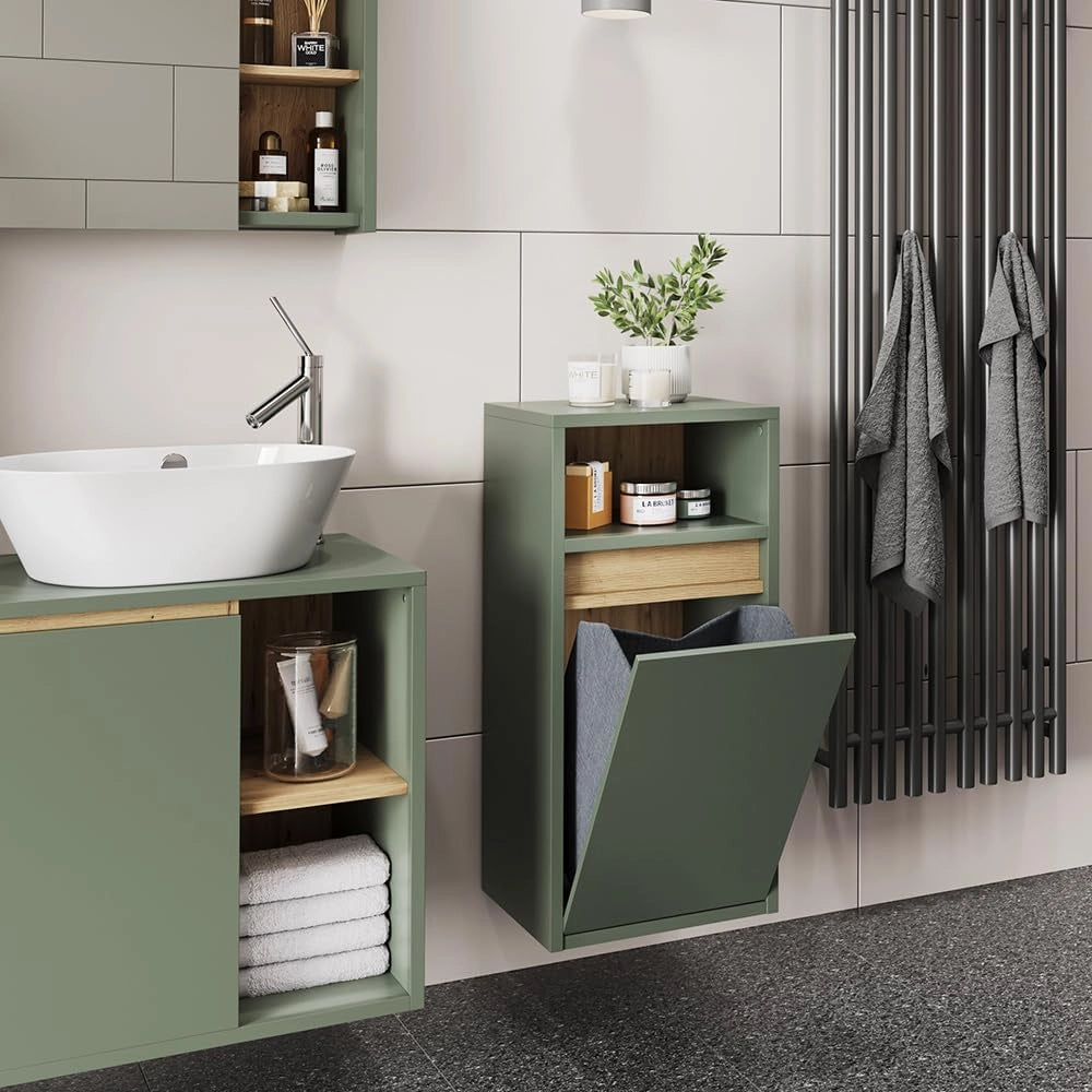 Mobiletto da bagno Viola, Verde/Artigianale, 38 x 80 cm con cesto portabiancheria