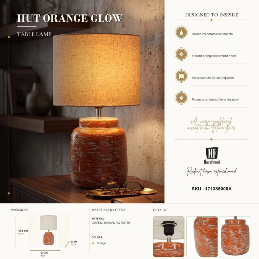 Lampada da tavolo con base in ceramica arancione e paralume in tessuto