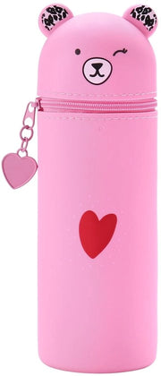 Etui e penna multifunzione 2 in 1 con supporto per pennarelli in silicone morbido, disegno cartoon per studenti e adolescenti (rosa)