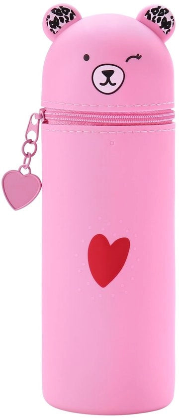 Etui e penna multifunzione 2 in 1 con supporto per pennarelli in silicone morbido, disegno cartoon per studenti e adolescenti (rosa)