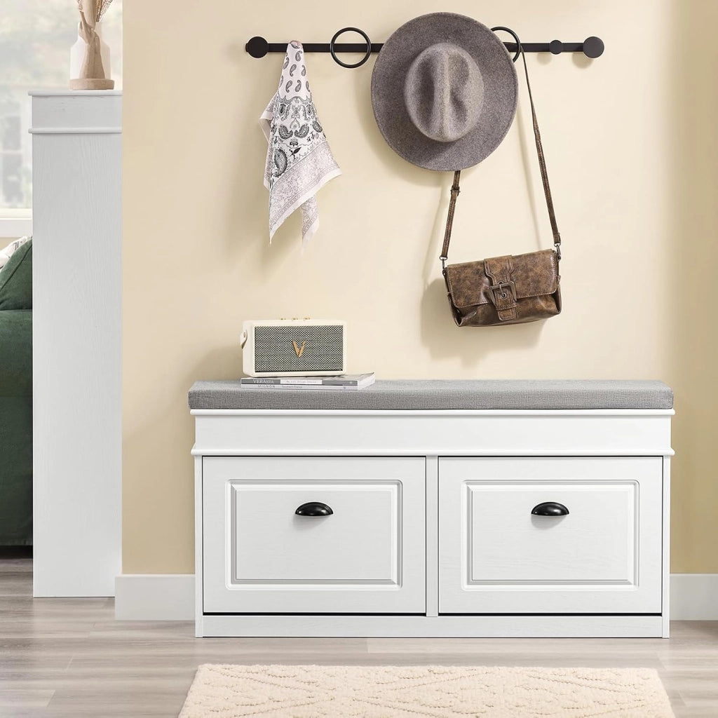 Scarpiera Salvaspazio Slim con Seduta Panca Scarpiera da Ingresso Contenitore in Legno Mobile Ingresso per Scarpe, 104x24x54cm Effetto Legno Invecchiato Bianco FSR64-WG