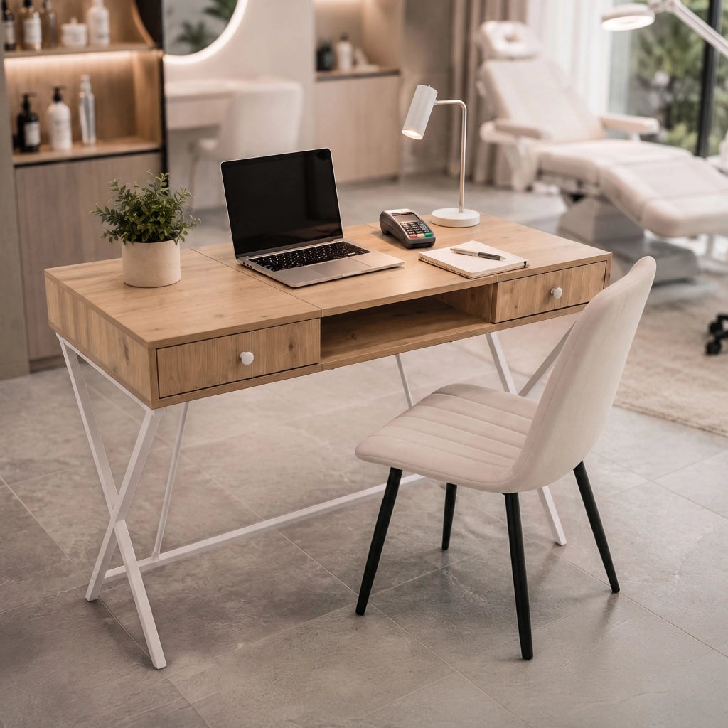 Scrivania PC industriale Rovere Artisan CROSSLINE 120 cm 2 cassetti 1 ripiano gambe bianche