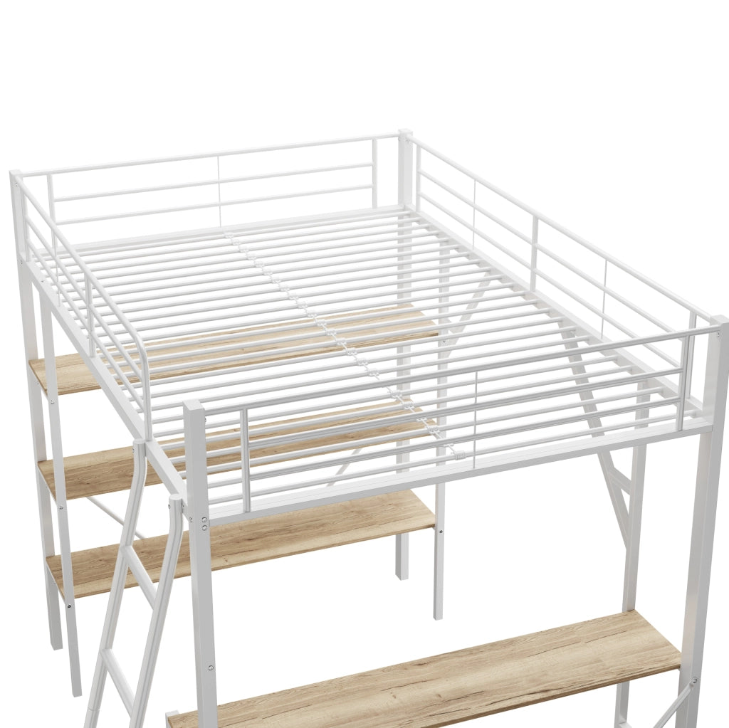 Letto a soppalco ULEVR 90x200 cm con scrivania, 3 ripiani e parapetto, metallo e MDF bianco