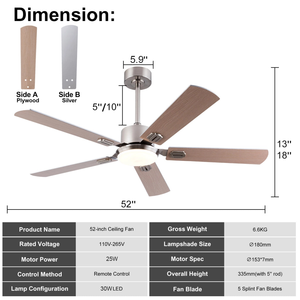 Ventilatore da soffitto con luce LED dimmerabile e telecomando; metallo e legno; color nichel