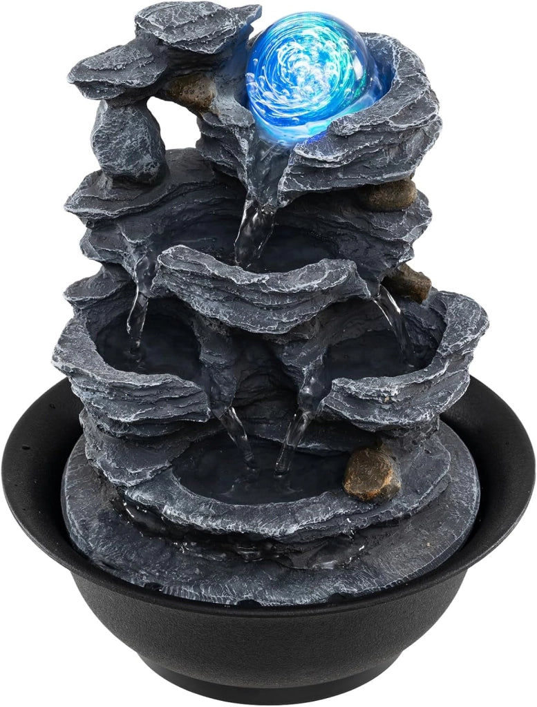 Fontana Zen da Interno, Fontana da Tavolo a Cascata con Luce LED, Pompa Silenziosa e Velocità dell'Acqua Regolabile, Fontanella Decorativa per Soggiorno, Ufficio e Camera da Letto (Modello 3)
