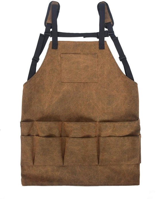 Schort per il giardinaggio con cinturino regolabile - tela impermeabile - marrone - 5 tasche - adatto per il giardinaggio