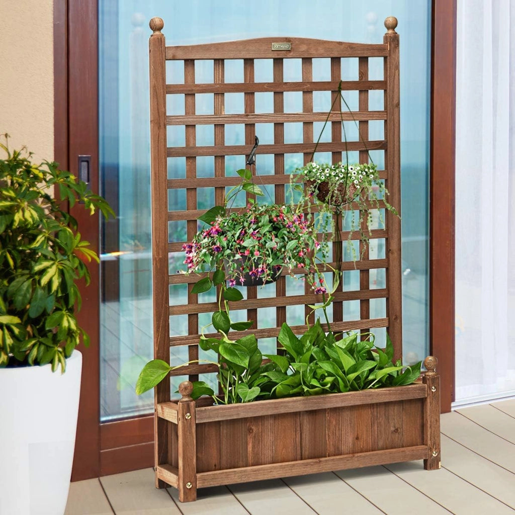 Fioriera da Esterno in Legno Massiccio con Traliccio, Letto Rialzato con Grigliato per Piante Rampicanti e Fiori, Fioriera Resistente alle Intemperie per Giardino, Patio e Cortile