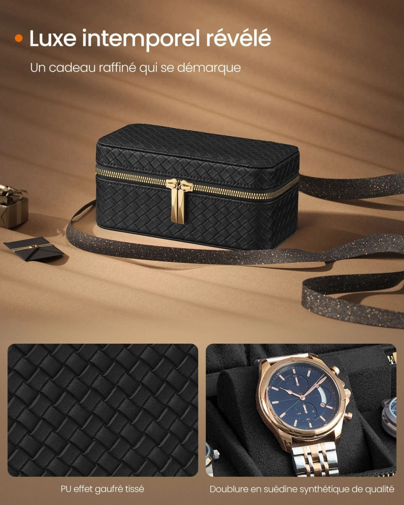 Custodia da viaggio per 3 orologi scatola porta orologi a 3 scomparti pelle PU intrecciata goffrata 10 x 20 x 9 cm nero 12_0006087