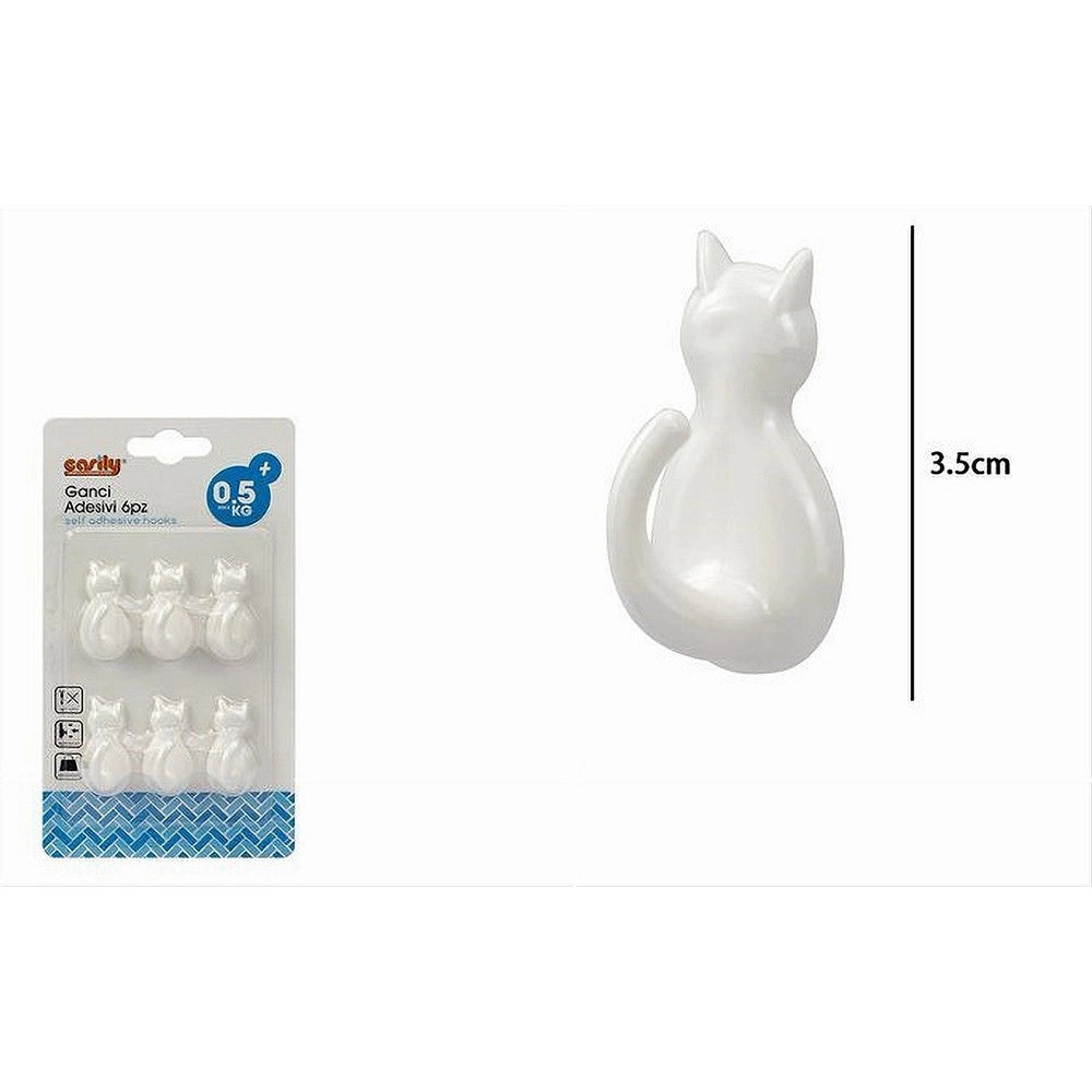 Trade Shop - Set 6 Pz Ganci Adesivi A Forma Di Gatto Bianchi Per Cucina Bagno Da Parete 79347 -