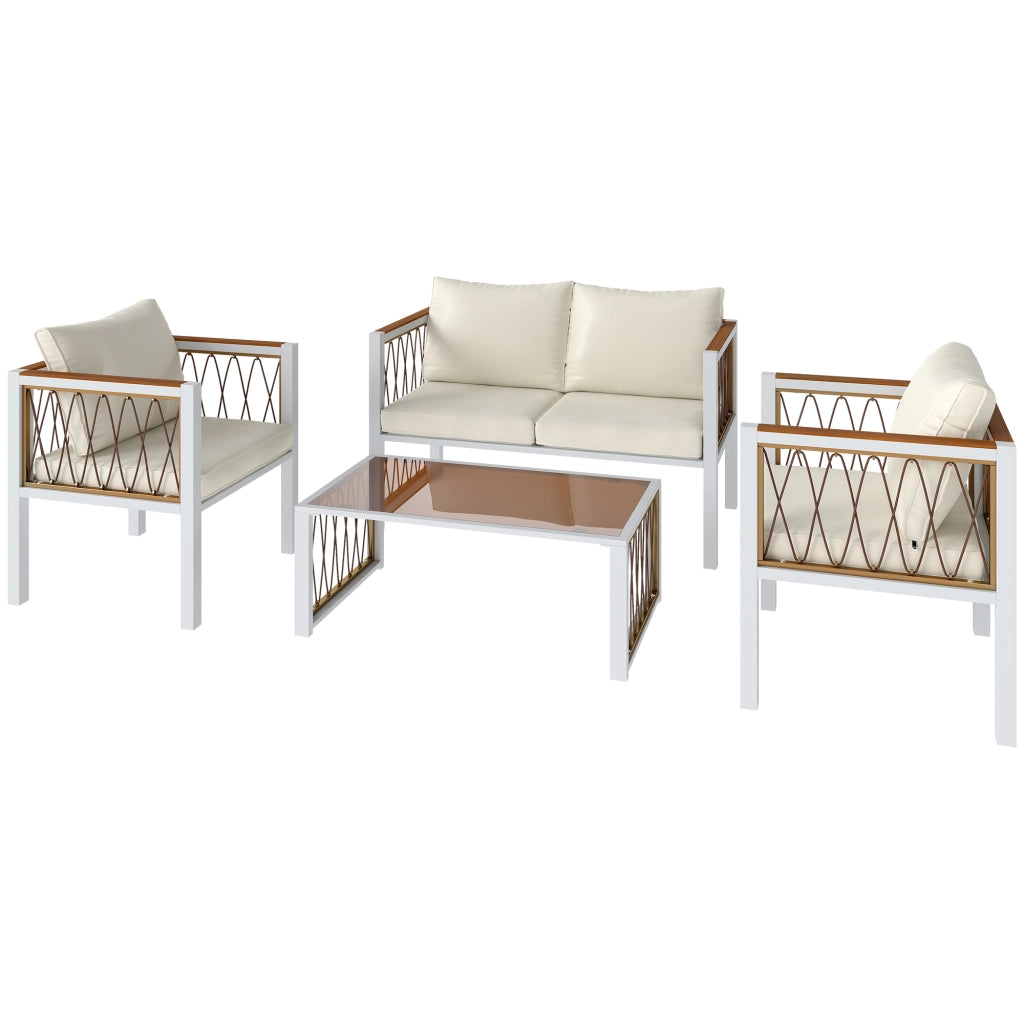 Set Lounge Giardino 4 Pezzi Polyrattan ¨C zephmum ¨C Grigio, Cuscini Rimovibili, Tavolino Vetro