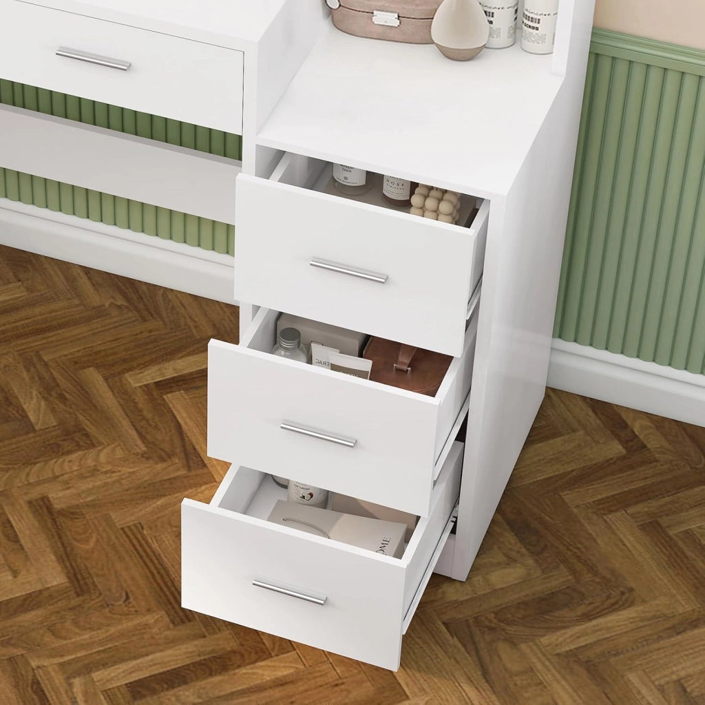 110cm Toeletta Trucco con Luci a Luminosità Regolabile, Grande Specchio, Postazione Trucco con 5 Cassetto e, 2 Ripiani Aperti, Moderno, Bianco