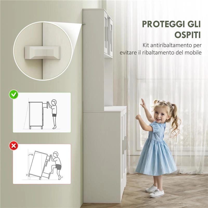 MOBILE DISPENSA CON 4 ARMADIETTI, 2 RIPIANI APERTI E PIANO DA LAVORO, IN LEGNO E VETRO, 108X35X180 CM, BIANCO