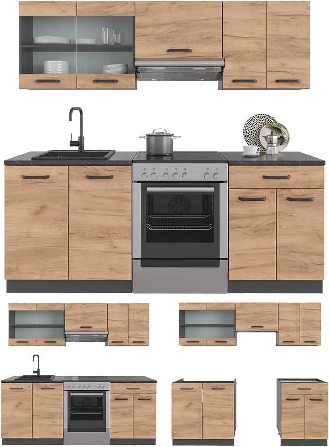 Cucina componibile R-Line, Quercia dorata/antracite, 200 cm, PL Antracite, adatto per l'espansione individuale con moduli aggiuntivi