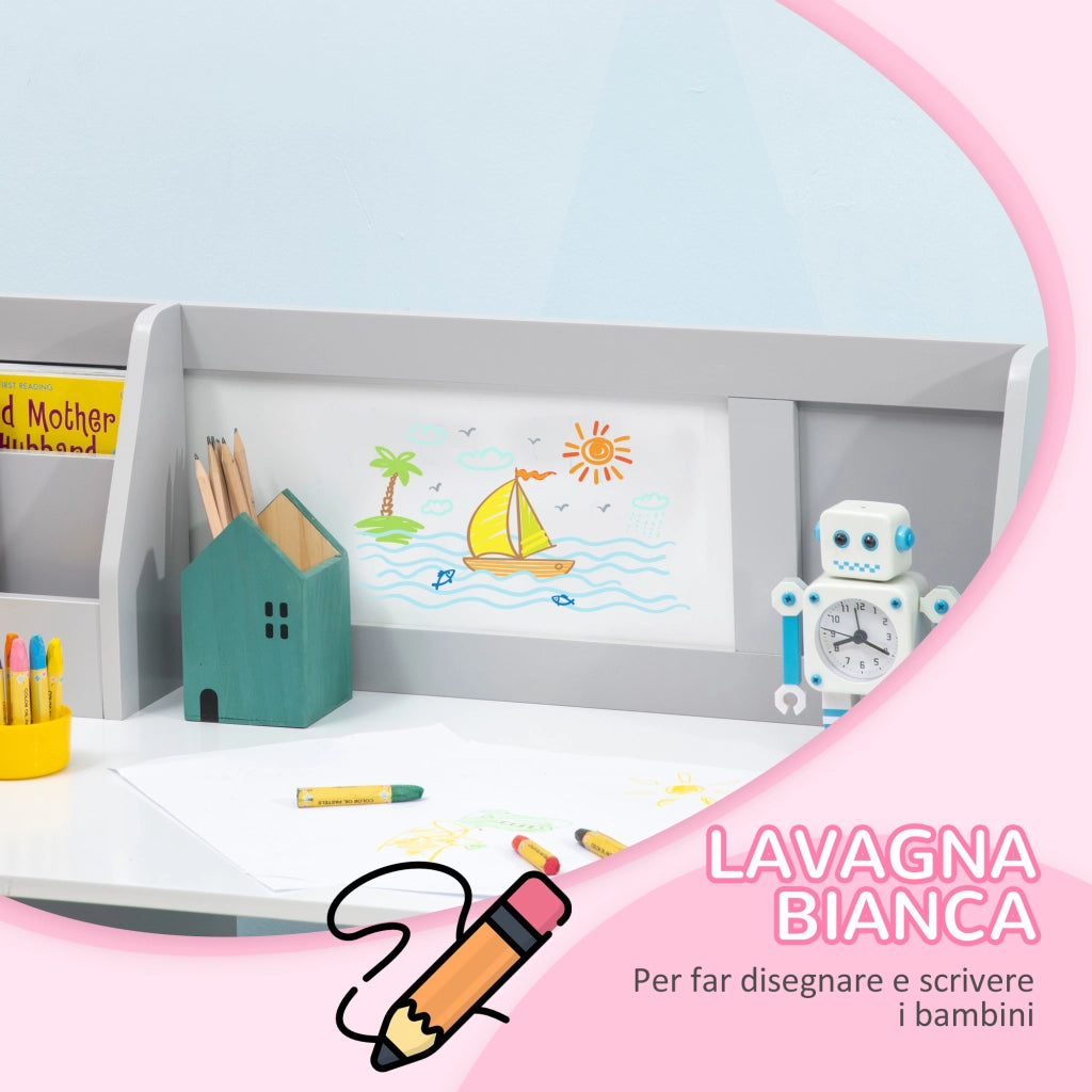 Set Tavolo e Sedie per Bambini in Legno con Banco Scuola ¨C zephmum ¨C Bianco e Grigio