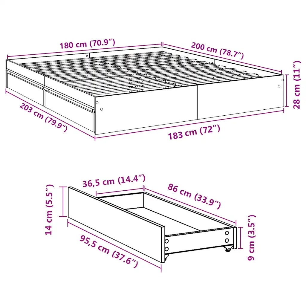 Giroletto Cassetti Grigio Sonoma 180x200 cm Legno Multistrato 3280641