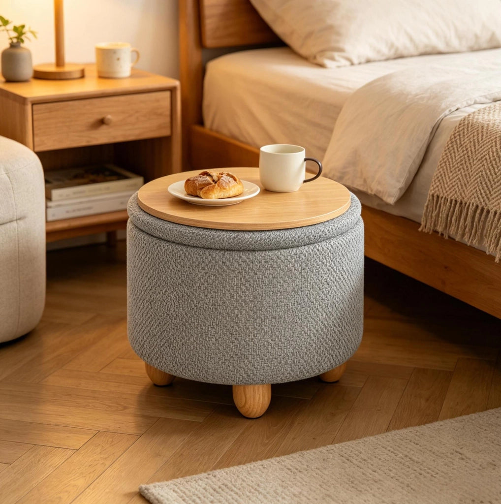 Pouf contenitore rotondo con vassoio; 39x33 cm; lino grezzo e MDF; grigio chiaro