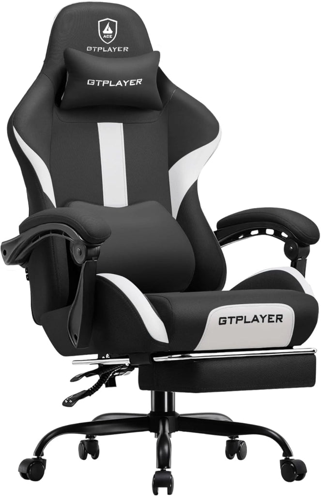 Sedia da gioco, sedia da ufficio, traspirante, in tessuto di alta qualità, ergonomica, sedia da scrivania, regolabile e girevole con poggiapiedi, nero