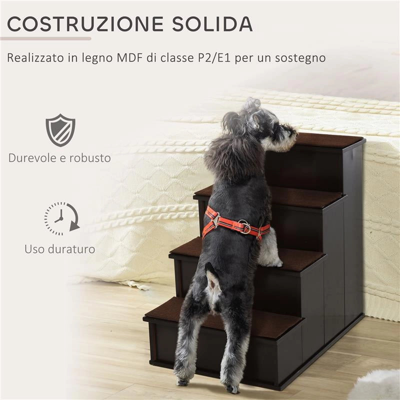 SCALETTA PER CANI E GATTI A 4 SCALINI CON CUSCINI IN PELUCHE RIMOVIBILI, 40X59X54.2 CM, MARRONE