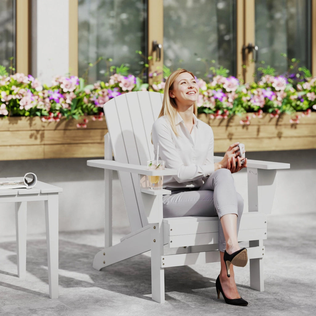 Sedia da Giardino Adirondack in Legno Bianco, Con Porta Bicchieri, Impermeabile e Anti-Muffa, 97x72.5x93cm