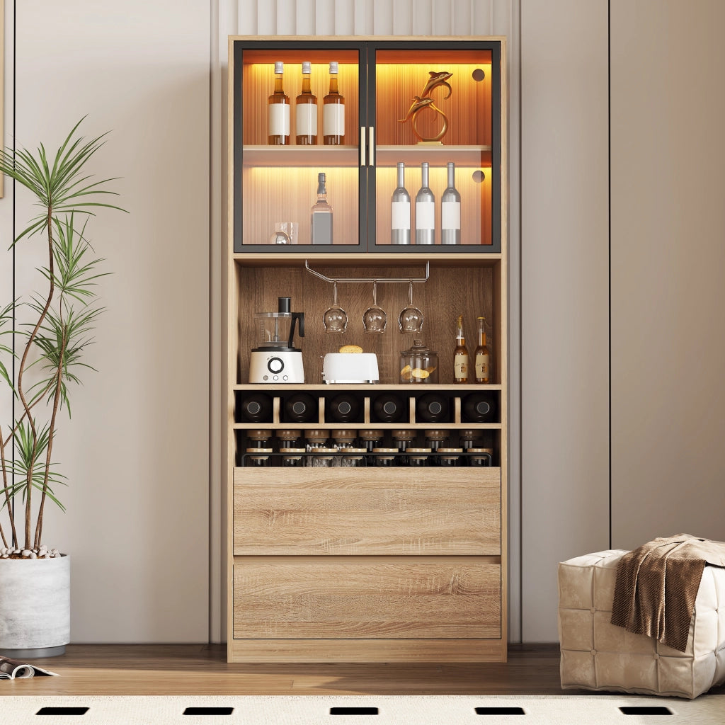 Mobile con ante in vetro; LED e cassetti - per bagno - in MDF - naturale - 180 cm
