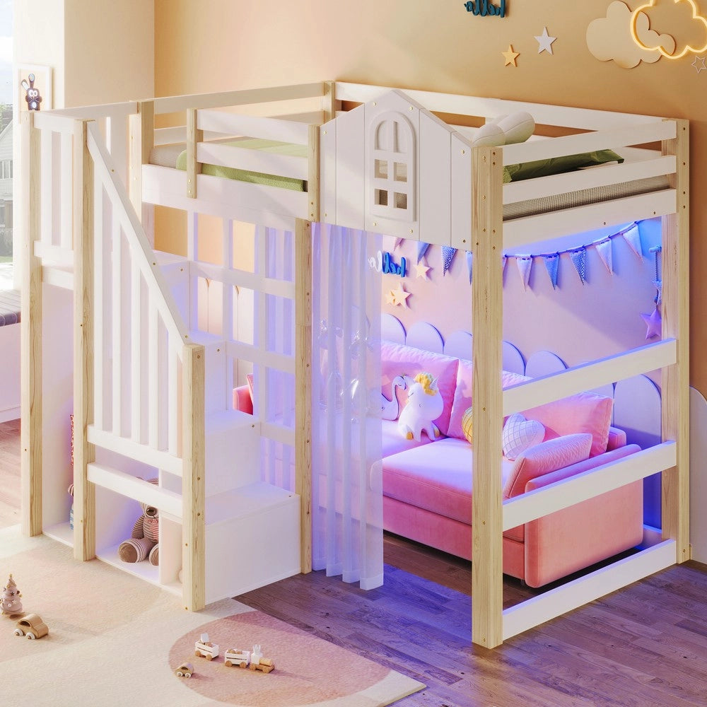 Letto a Soppalco con LED, Forma Finestra e Vano Contenitore ¨C Xylo ¨C Bianco/Naturale 90x200