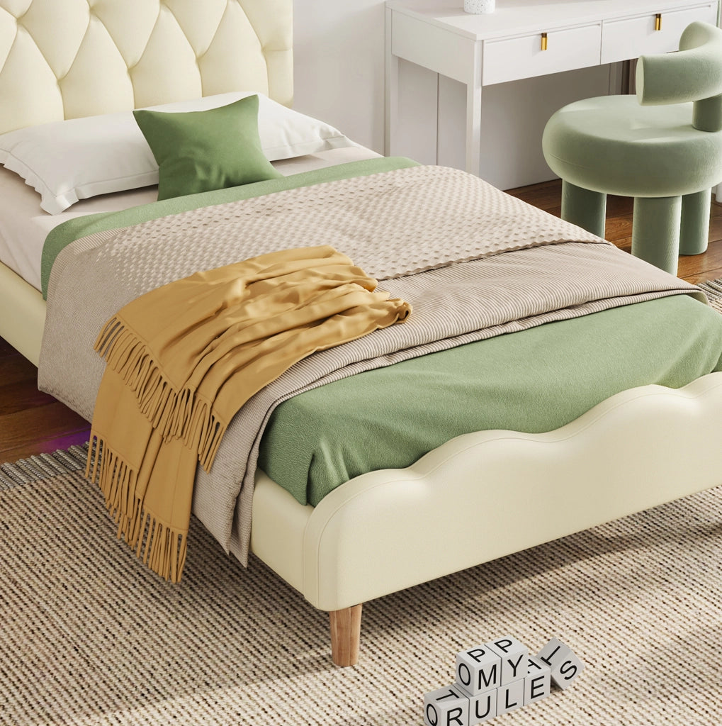 Letto singolo imbottito beige 90x200 cm con LED multicolore e testiera ondulata