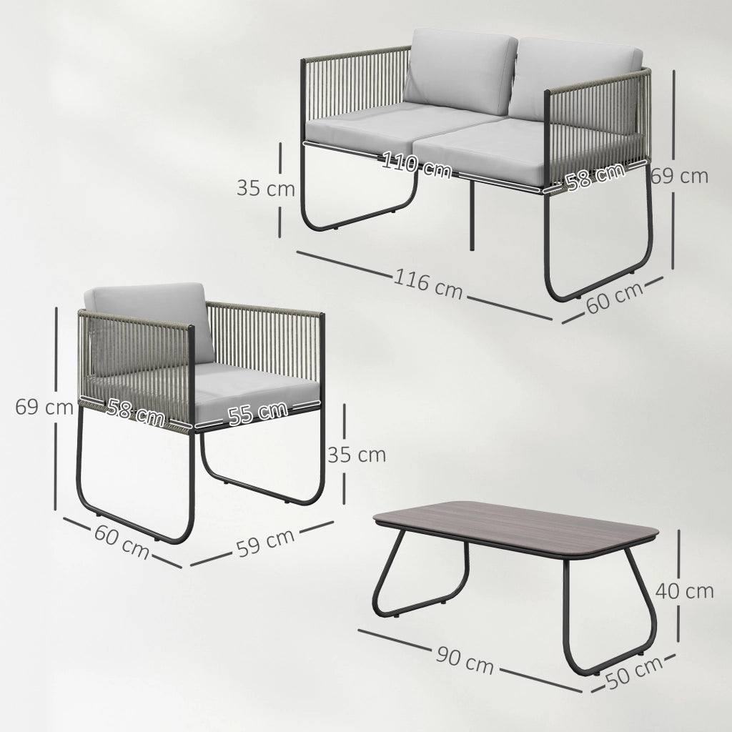 Set da Giardino Rattan con Divanetto 2 Posti, 2 Poltrone e Tavolino in Vetro, Cuscini Sfoderabili, Grigio