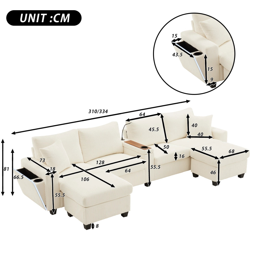 Divano a U in velluto a coste con 2 pouf; lampada; USB/Type-C e LED; beige