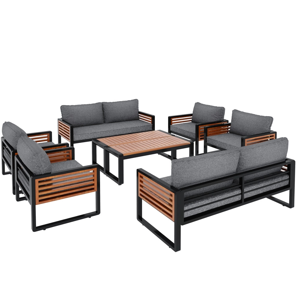Set Salotto da Giardino 8 Pezzi con Tavolo, Divani e Sedie ¨C MINIMAL ¨C Polyrattan, Grigio, Braccioli in Legno