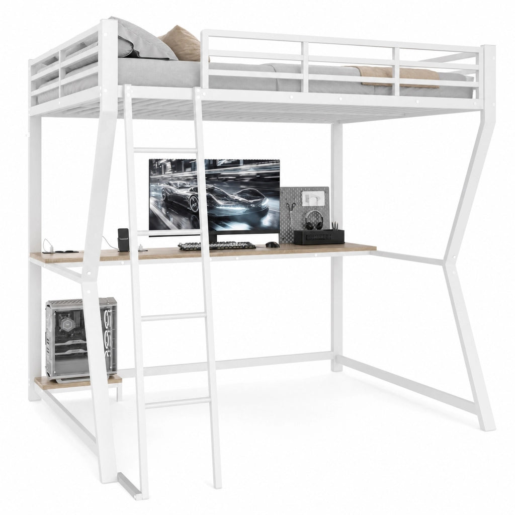 LETTO a soppalco 140x200 cm in metallo bianco con scrivania, presa USB e scale