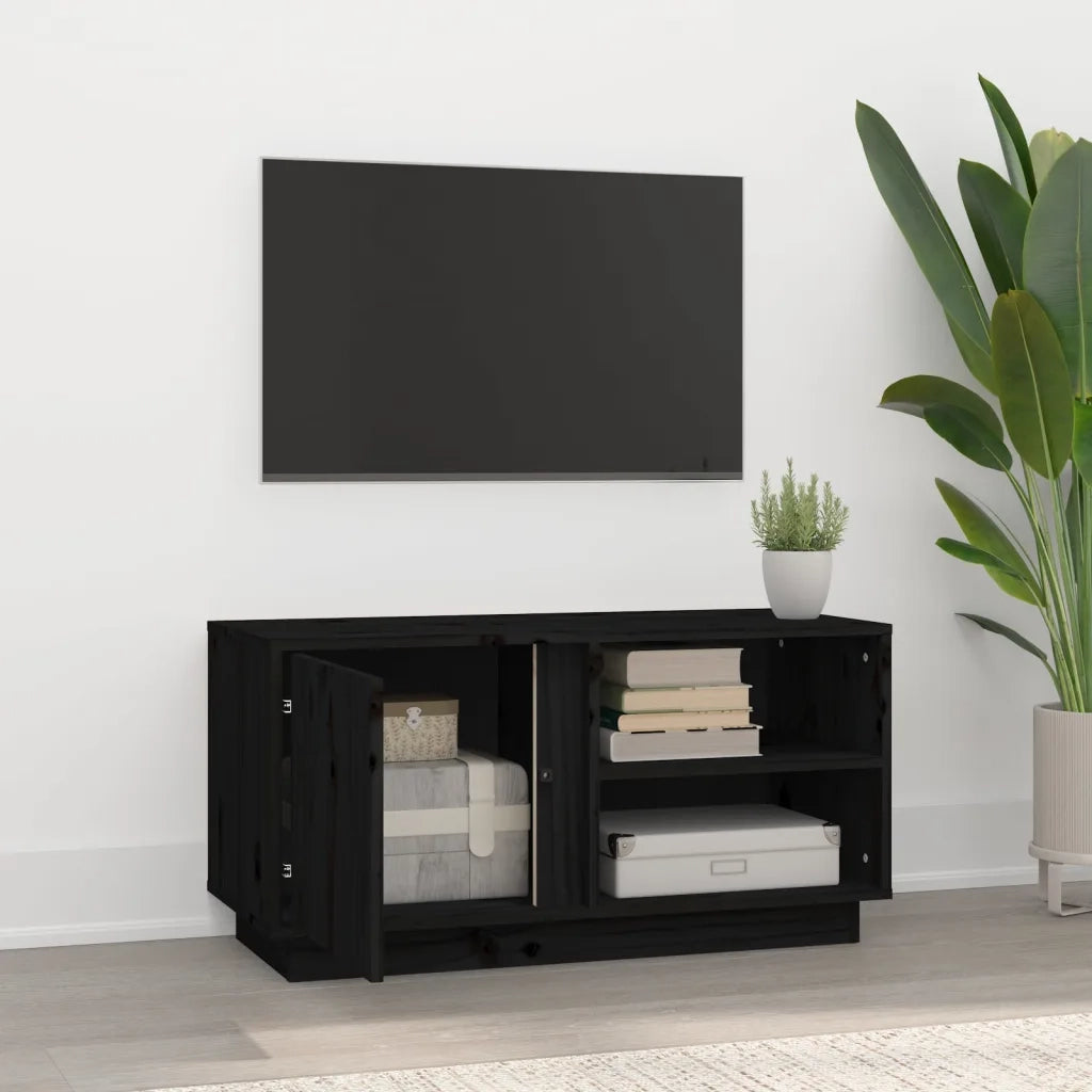 Mobile Porta TV Nera 80x35x40,5 cm in Legno Massello di Pino cod mxl 26285