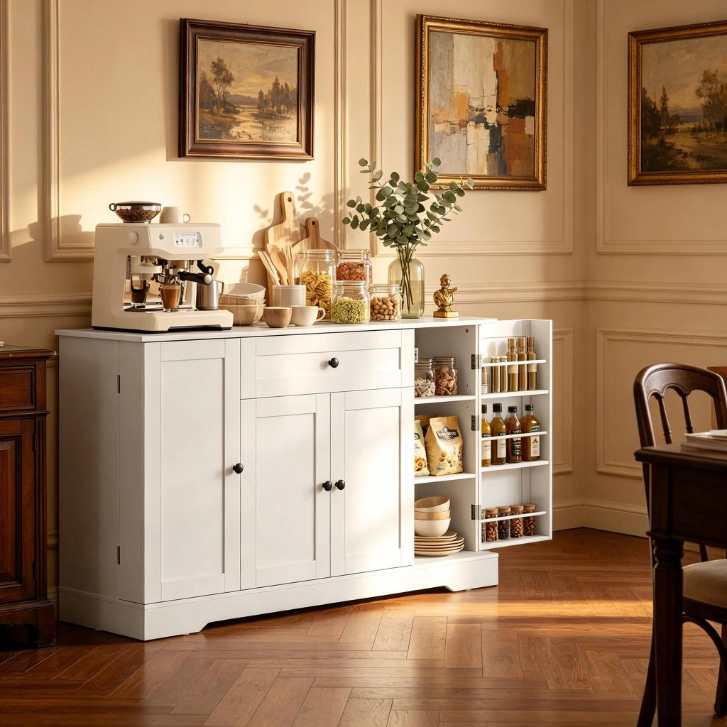 Credenza e madia con cassetto, 3 ante e ripiani regolabili, per cucina e soggiorno, in MDF, bianco, 140 × 40 × 80 cm