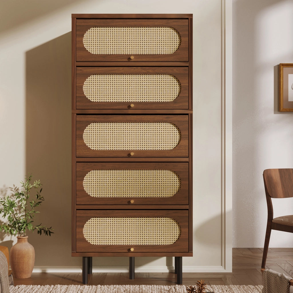 Credenza 80x40x163 cm con 5 ante a ribalta in legno noce