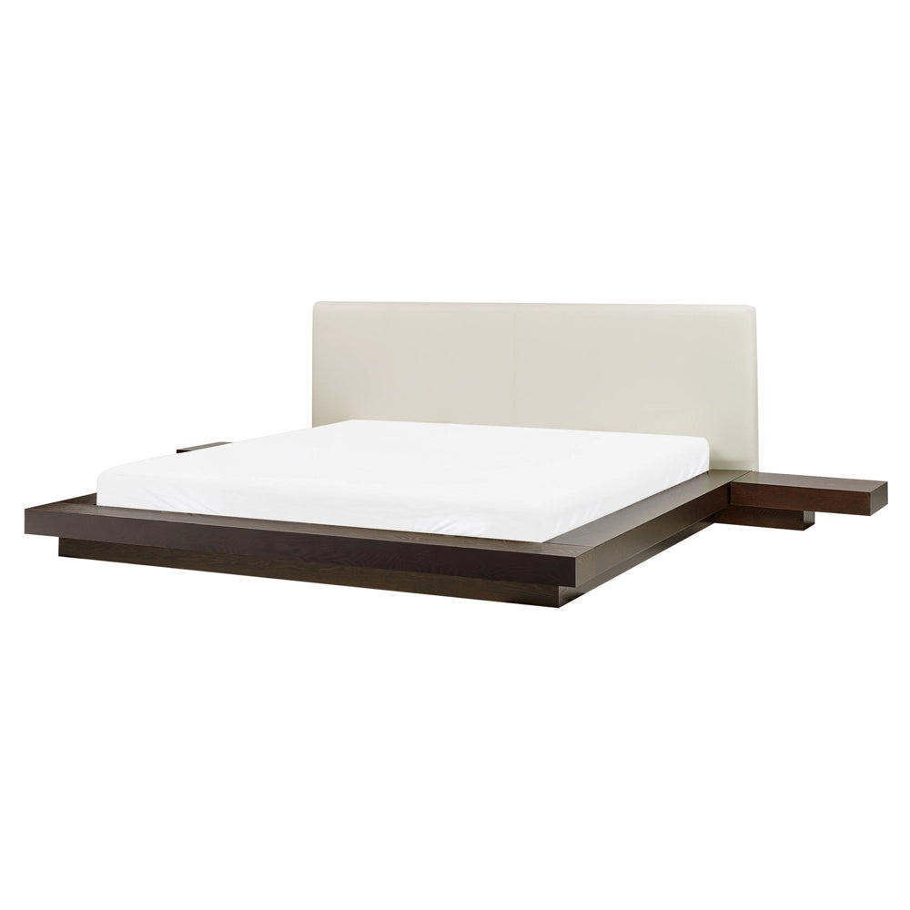 Letto in stile giapponese in frassino scuro 160 x 200 cm testata in MDF impiallacciata in legno testata in ecopelle camera da letto a basso profilo